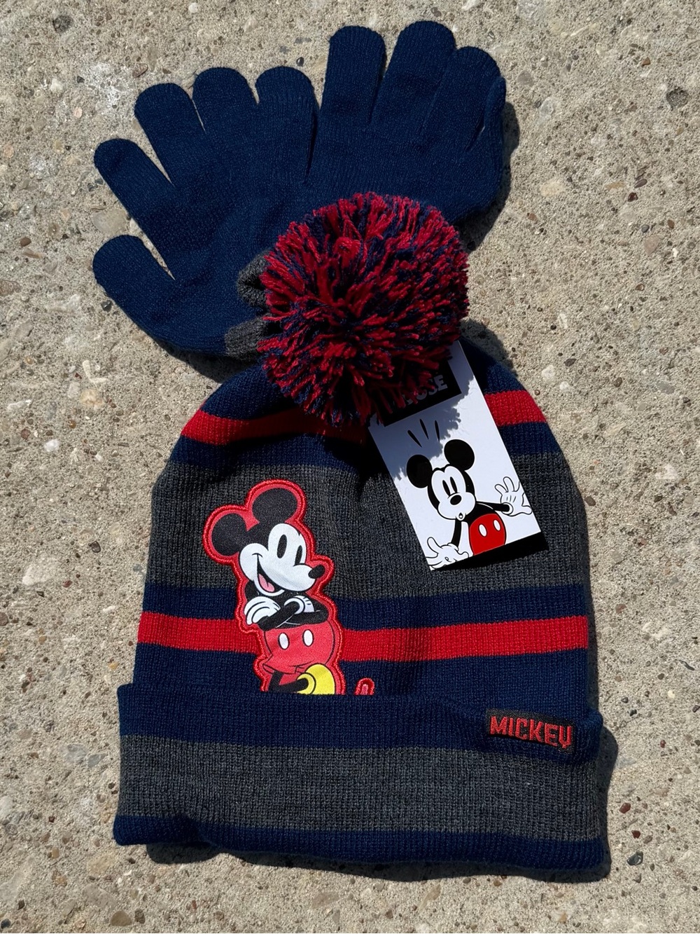 Disney Navy, Red & Gray Mickey Pom Beanie with Gloves